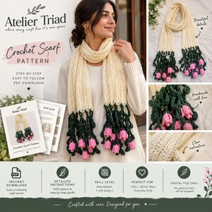 Könnte beinhalten: Eine Häkelanleitung für einen Schal als PDF mit dem Titel Atelier Triad Crochet Scarf Pattern. Der Schal ist cremefarben mit dunkelgrünen gehäkelten Stielen und rosa tulpenförmigen Blüten an beiden Enden. Enthält eine Schritt-für-Schritt-Anleitung.