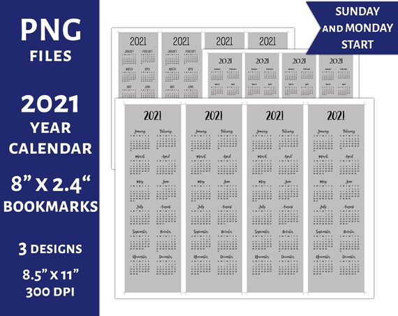 2021 Bookmarks Calendar Printable Planner Calendar Full Year Etsy