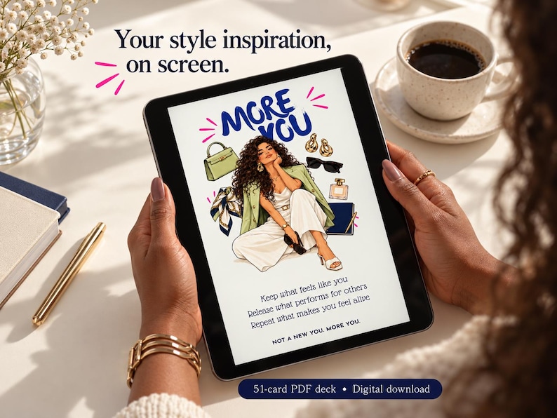 Digital style deck on tablet, wardrobe styling prompts PDF