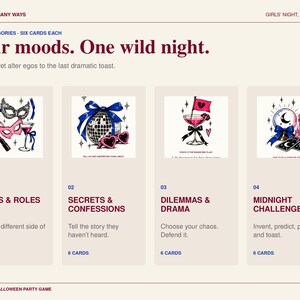 May include: A printable party game titled A WOMAN, MANY WAYS and GIRLS' NIGHT, AFTER DARK. It features four categories: MASKS & ROLES, SECRETS & CONFESSIONS, DILEMMAS & DRAMA, and MIDNIGHT CHALLENGES, each with six cards and illustrated icons.