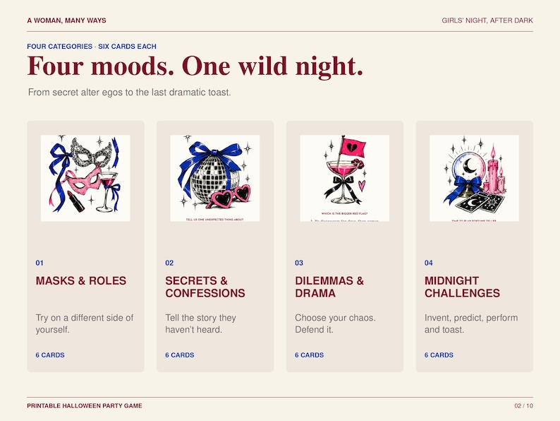 May include: A printable party game titled A WOMAN, MANY WAYS and GIRLS' NIGHT, AFTER DARK. It features four categories: MASKS & ROLES, SECRETS & CONFESSIONS, DILEMMAS & DRAMA, and MIDNIGHT CHALLENGES, each with six cards and illustrated icons.