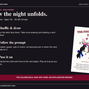May include: A party game instruction card titled How the night unfolds with three steps: Shuffle & draw, Follow the prompt, and Pass it on. A game card titled The Final Toast shows two hands clinking pink cocktail glasses with ribbons.