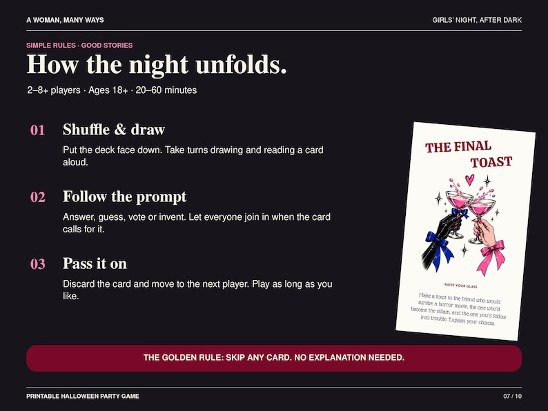 May include: A party game instruction card titled How the night unfolds with three steps: Shuffle & draw, Follow the prompt, and Pass it on. A game card titled The Final Toast shows two hands clinking pink cocktail glasses with ribbons.