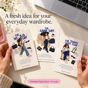 Three printable style cards with outfit inspiration for rainy day and travel