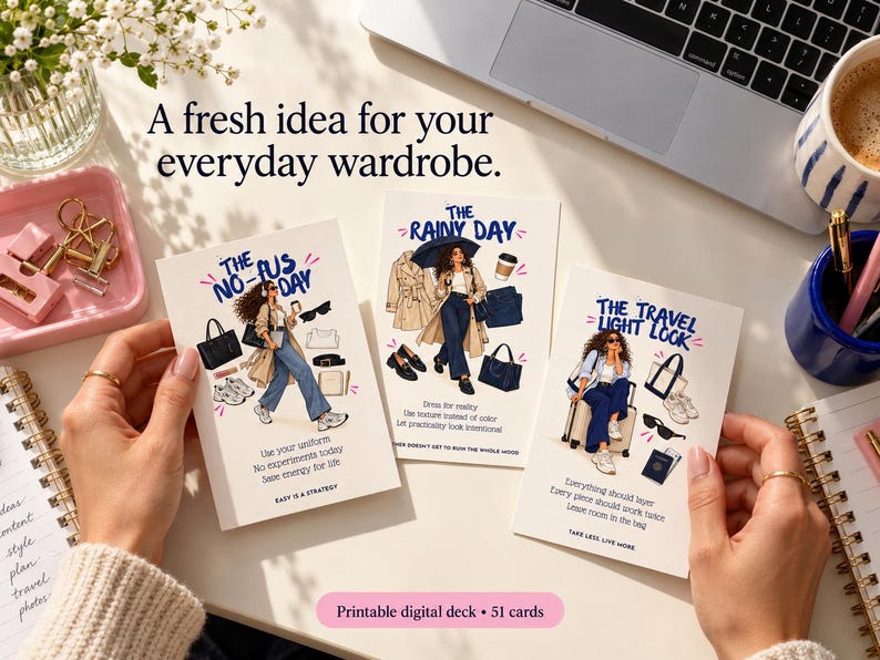 Three printable style cards with outfit inspiration for rainy day and travel
