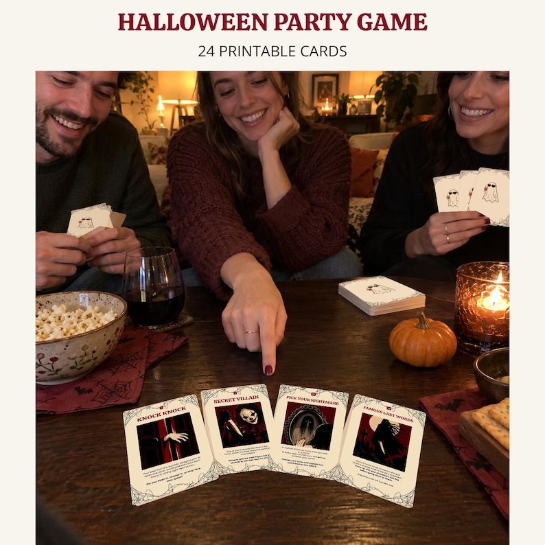 May include: A Halloween party game set featuring 24 printable cards with dark, thematic illustrations and text. The cards include titles such as Knock Knock, Secret Villain, Pick Your Nightmare, and Famous Last Words, displayed on a wooden table.