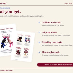 May include: A digital download card game titled Girls' Night, After Dark. The set includes 24 illustrated cards, A4 print sheets with cut marks, matching card backs, and a how-to-play guide. The graphics feature cocktail glasses and masks.