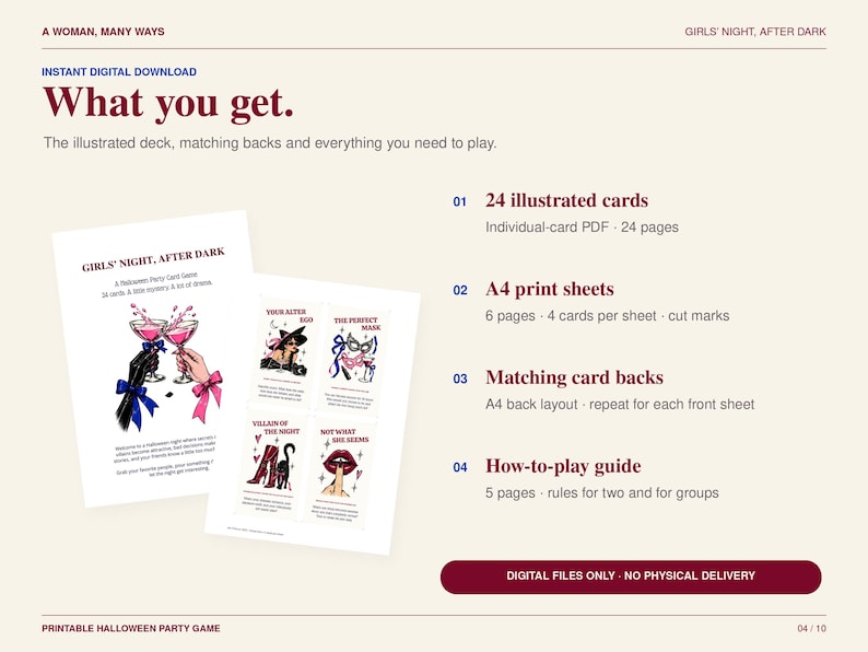 May include: A digital download card game titled Girls' Night, After Dark. The set includes 24 illustrated cards, A4 print sheets with cut marks, matching card backs, and a how-to-play guide. The graphics feature cocktail glasses and masks.