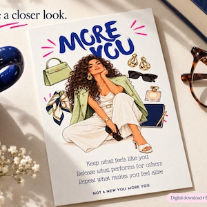 Illustrated style card of a woman in a white outfit and green blazer with handbag, scarf and jewelry, capsule wardrobe inspiration