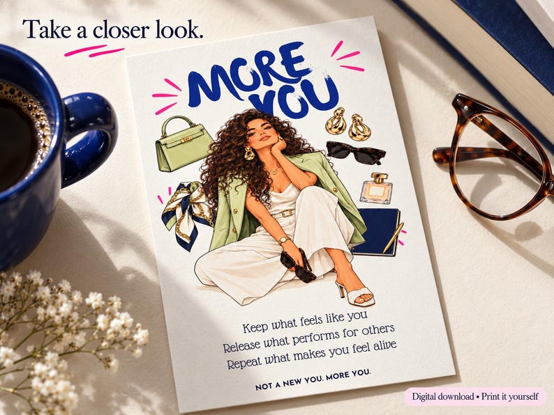 Illustrated style card of a woman in a white outfit and green blazer with handbag, scarf and jewelry, capsule wardrobe inspiration