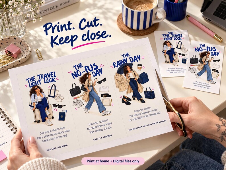 Printable sheet of outfit idea cards ready to print and cut at home, A4 and US Letter PDF included