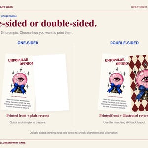 May include: A printable party game card set titled Unpopular Opinion featuring a pink crystal ball graphic with a blue bow. The display shows two printing options: one-sided with a plain white back and double-sided with a diamond pattern back.