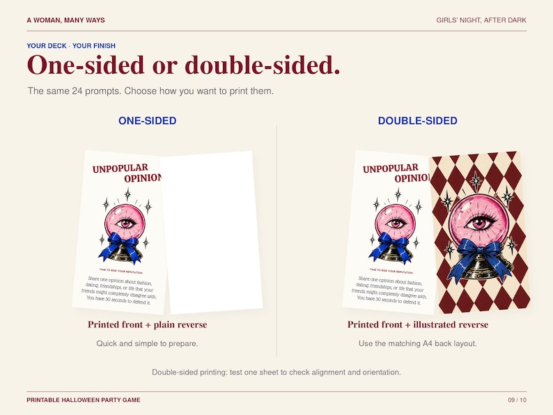 May include: A printable party game card set titled Unpopular Opinion featuring a pink crystal ball graphic with a blue bow. The display shows two printing options: one-sided with a plain white back and double-sided with a diamond pattern back.