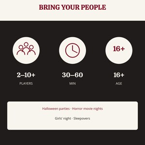 May include: A game information graphic with the text BRING YOUR PEOPLE. It displays three white circles with icons for 2-10+ players, 30-60 minutes of play time, and 16+ age requirement. Below, a white box lists Halloween parties, horror movie nights, girls' night, and sleepovers.