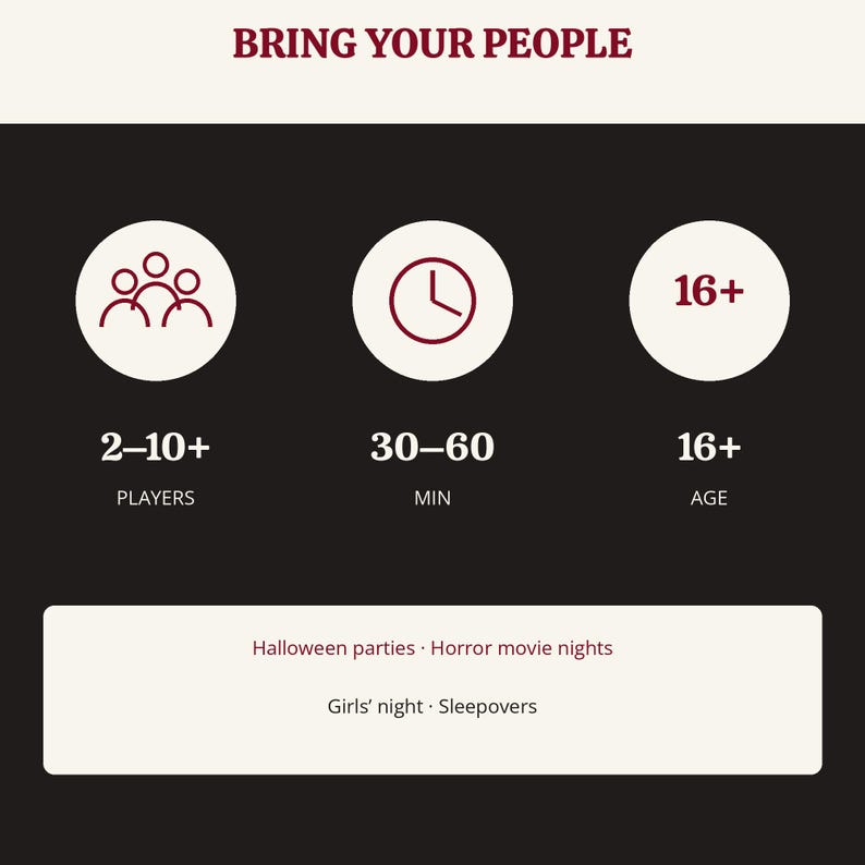 May include: A game information graphic with the text BRING YOUR PEOPLE. It displays three white circles with icons for 2-10+ players, 30-60 minutes of play time, and 16+ age requirement. Below, a white box lists Halloween parties, horror movie nights, girls' night, and sleepovers.
