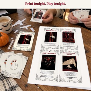 May include: A printable card game set featuring horror-themed illustrations and text. The cards include titles like Knock Knock, Missed Call, One Too Many, and Don't Look Under The Bed, decorated with black spiderweb borders on white cardstock.