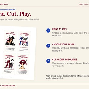 May include: A printable Halloween party game sheet featuring four cards with illustrations and text including Your Alter Ego, The Perfect Mask, Villain of the Night, and Not What She Seems. Instructions for printing at 100% on A4 paper are included.