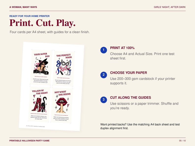 May include: A printable Halloween party game sheet featuring four cards with illustrations and text including Your Alter Ego, The Perfect Mask, Villain of the Night, and Not What She Seems. Instructions for printing at 100% on A4 paper are included.