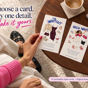 Night out and girls night outfit idea cards with dress, blazer, heels and bag illustrations, printable fashion cards