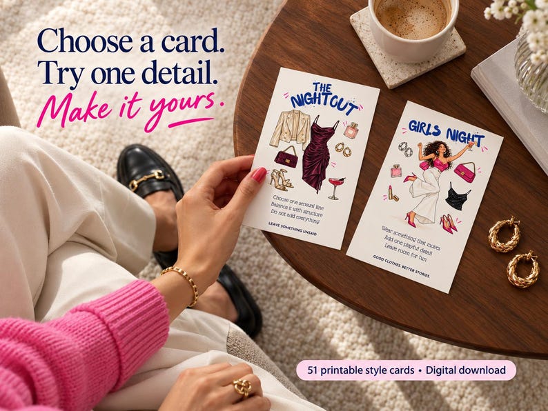 Night out and girls night outfit idea cards with dress, blazer, heels and bag illustrations, printable fashion cards