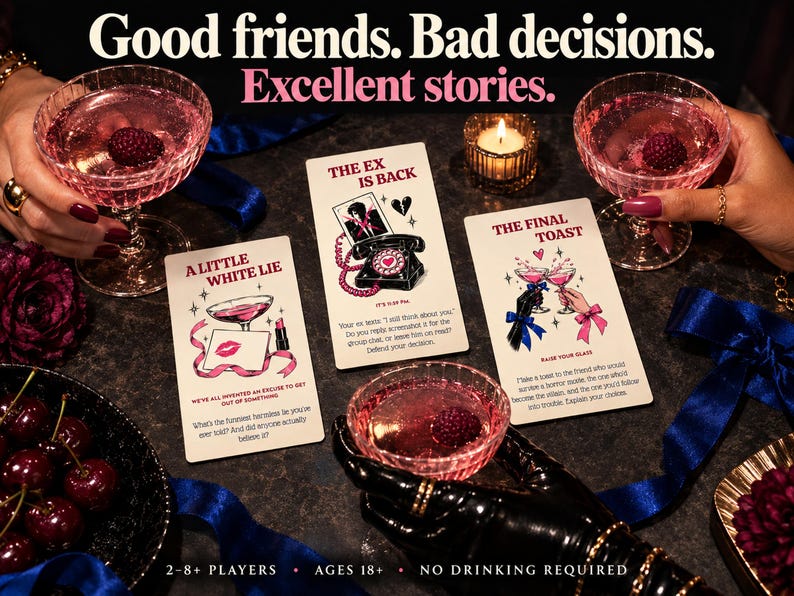 May include: A party card game featuring three white cards with illustrations and text titled A Little White Lie, The Ex Is Back, and The Final Toast. The cards are surrounded by pink cocktails with raspberries, blue ribbons, and cherries.