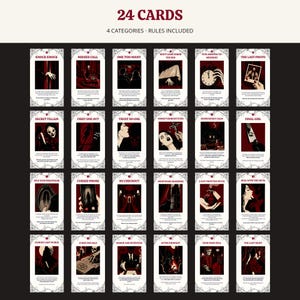 May include: A set of 24 rectangular game cards arranged in a grid, featuring dark, horror-themed illustrations and text titles like Knock Knock, Missed Call, and The Last Photo. Each card has a white border with a spiderweb pattern at the corners.