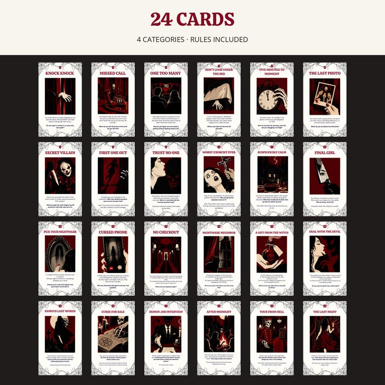 May include: A set of 24 rectangular game cards arranged in a grid, featuring dark, horror-themed illustrations and text titles like Knock Knock, Missed Call, and The Last Photo. Each card has a white border with a spiderweb pattern at the corners.
