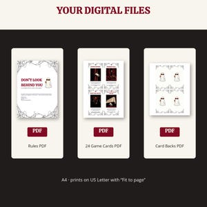 May include: Three digital file previews labeled Rules PDF, 24 Game Cards PDF, and Card Backs PDF. The first shows a ghost with sunglasses, the second shows four game cards with horror imagery, and the third shows a repeating ghost pattern.