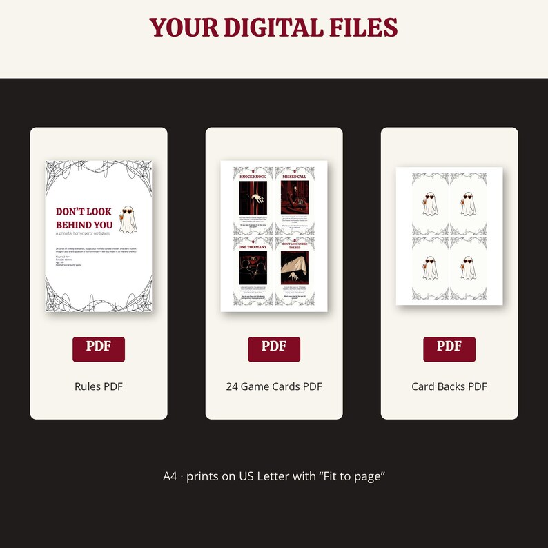 May include: Three digital file previews labeled Rules PDF, 24 Game Cards PDF, and Card Backs PDF. The first shows a ghost with sunglasses, the second shows four game cards with horror imagery, and the third shows a repeating ghost pattern.
