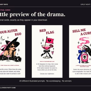 May include: Three rectangular game cards with white backgrounds and black text. The cards feature illustrations of a person in a witch hat, a martini glass with a red flag, and a pink potion bottle. The text includes prompts like Your Alter Ego, Red Flag, and Sell Me A Curse, along with descriptive instructions for gameplay.