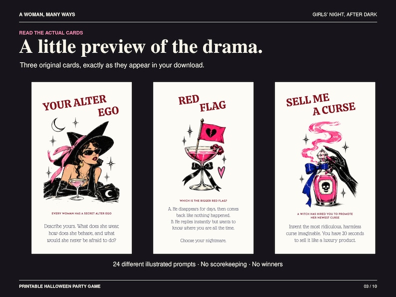 May include: Three rectangular game cards with white backgrounds and black text. The cards feature illustrations of a person in a witch hat, a martini glass with a red flag, and a pink potion bottle. The text includes prompts like Your Alter Ego, Red Flag, and Sell Me A Curse, along with descriptive instructions for gameplay.