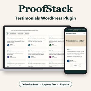 Puede incluir: Una pantalla digital que muestra el plugin de WordPress ProofStack Testimonials en un portátil y un smartphone. La interfaz presenta reseñas de clientes, valoraciones con estrellas y botones de navegación. El texto incluye ProofStack, Testimonials WordPress Plugin, Maya Ellison Coaching, Client stories slider, Collection form, Approve first y 5 layouts.