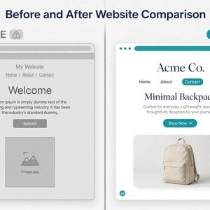 Puede incluir: Un gr&aacute;fico de comparaci&oacute;n de sitios web lado a lado. El lado izquierdo etiquetado BEFORE muestra un wireframe en escala de grises con el texto My Website, Welcome y Submit. El lado derecho etiquetado AFTER muestra una p&aacute;gina estilizada para Acme Co. Minimal Backpack con un bot&oacute;n verde azulado y una imagen de una mochila beige.