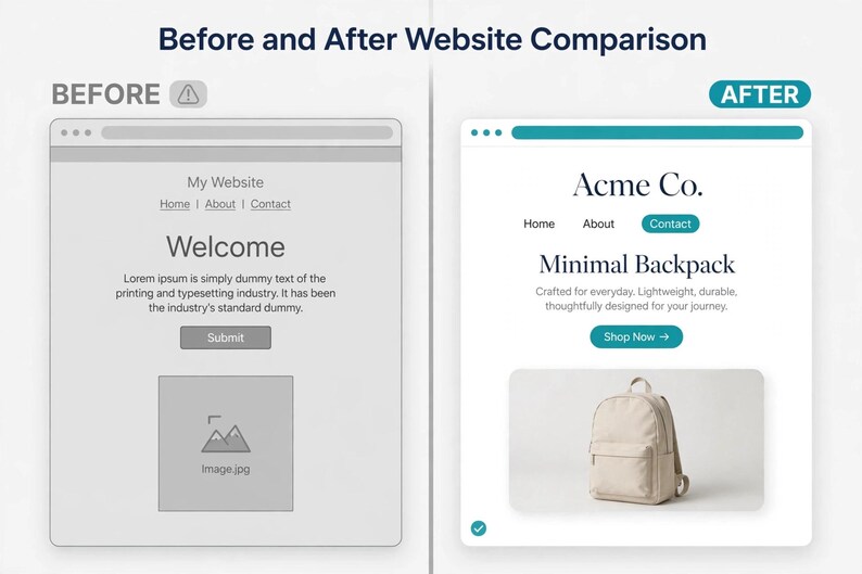 Puede incluir: Un gr&aacute;fico de comparaci&oacute;n de sitios web lado a lado. El lado izquierdo etiquetado BEFORE muestra un wireframe en escala de grises con el texto My Website, Welcome y Submit. El lado derecho etiquetado AFTER muestra una p&aacute;gina estilizada para Acme Co. Minimal Backpack con un bot&oacute;n verde azulado y una imagen de una mochila beige.
