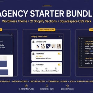 Paket med webbplatser för byråer, WordPress Kadence-tema plus 21 Shopify-sektioner och Squarespace CSS-paket, Freelancer Toolkit