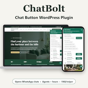 May include: A digital display showing the ChatBolt WordPress plugin interface on a laptop and smartphone. The screens feature a real estate website with a chat button, FAQ helper, and WhatsApp integration for agents and business hours.
