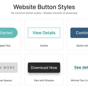 Puede incluir: Un gr&aacute;fico titulado Website Button Styles que muestra seis variaciones: un bot&oacute;n turquesa en forma de p&iacute;ldora con Get Started, un bot&oacute;n con contorno con View Details, un bot&oacute;n azul oscuro con flecha con Continue, un bot&oacute;n gris con LEARN MORE, un bot&oacute;n negro con sombra con Download Now y un enlace de texto con flecha con See details.