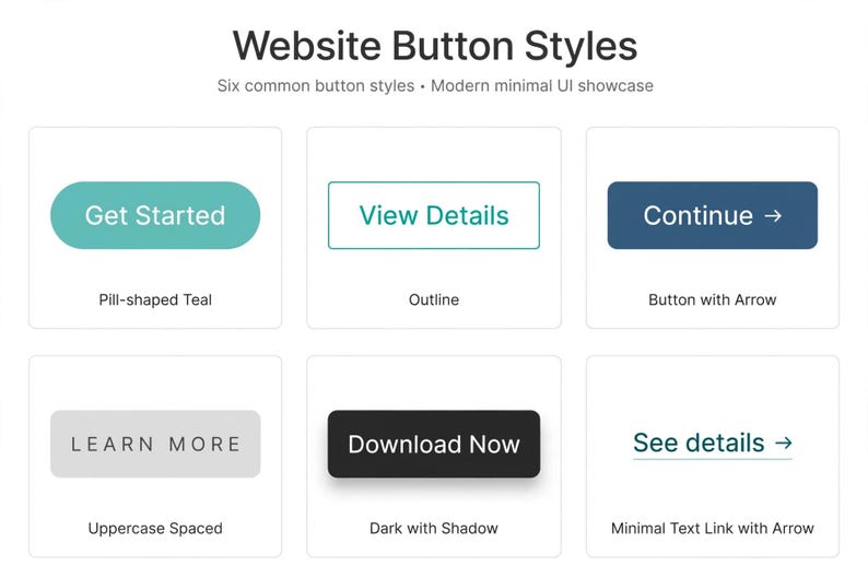 Puede incluir: Un gr&aacute;fico titulado Website Button Styles que muestra seis variaciones: un bot&oacute;n turquesa en forma de p&iacute;ldora con Get Started, un bot&oacute;n con contorno con View Details, un bot&oacute;n azul oscuro con flecha con Continue, un bot&oacute;n gris con LEARN MORE, un bot&oacute;n negro con sombra con Download Now y un enlace de texto con flecha con See details.