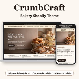 Thème Shopify pour boulangerie, CrumbCraft, Modèle de site web pour pâtisserie, Sélecteur de date de retrait, Créateur de gâteaux personnalisés, OS 2.0