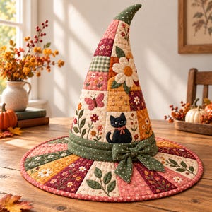 May include: A quilted witch hat featuring a patchwork design of floral patterns, a black cat, and a butterfly. The hat has a pointed crown and a wide brim, accented with a green polka-dot fabric band and a matching bow at the base.