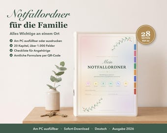May include: A white binder titled Mein Notfallordner with a pastel gradient cover, featuring floral accents and colored tabs. The text includes Notfallordner für die Familie, 28 Seiten PDF A4, and 2026 Ausgabe. A small vase with a green plant and keys sit nearby.