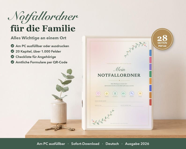 Puede incluir: Una carpeta blanca titulada Mein Notfallordner con una cubierta de degradado pastel, detalles florales y pesta&ntilde;as de colores. El texto incluye Notfallordner f&uuml;r die Familie, 28 Seiten PDF A4 y 2026 Ausgabe. Un jarr&oacute;n peque&ntilde;o con una planta y llaves al lado.