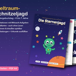 May include: A space-themed scavenger hunt activity set for children, featuring a dark blue cover with a green alien, a rocket, and stars. The text reads Weltraum-Schnitzeljagd, Die Sternenjagd, and includes 18 pages in PDF A4 format.