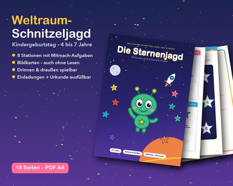 May include: A space-themed scavenger hunt activity set for children, featuring a dark blue cover with a green alien, a rocket, and stars. The text reads Weltraum-Schnitzeljagd, Die Sternenjagd, and includes 18 pages in PDF A4 format.