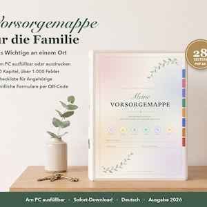 May include: A white binder titled Meine VORSORGEMAPPE with a soft pastel gradient background, featuring floral accents, six colourful tab dividers, and a gold circular badge indicating 28 SEITEN PDF A4, displayed with keys and a small plant.