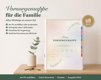 Può includere: Un raccoglitore bianco intitolato Meine VORSORGEMAPPE con uno sfondo sfumato color pastello, decorato con motivi floreali, sei divisori colorati e un bollino circolare dorato che indica 28 SEITEN PDF A4, accanto a chiavi e una pianta.
