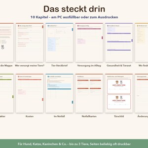 K&ouml;nnte beinhalten: Ein Set aus 12 digitalen Planerseiten f&uuml;r die Tierpflege mit den Abschnitten Das steckt drin, So nutzt du die Mappe, Wer versorgt meine Tiere, Tier-Steckbrief, Versorgung im Alltag, Gesundheit & Tierarzt, Wo finde ich was, Charakter, Kosten, Im Notfall, Notfallkarten, T&uuml;rschild und &Auml;nderungsprotokoll.