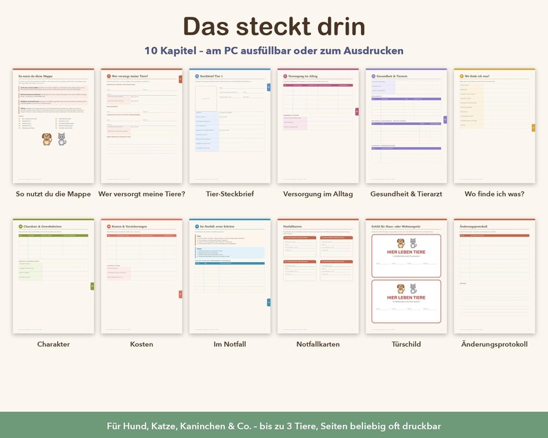K&ouml;nnte beinhalten: Ein Set aus 12 digitalen Planerseiten f&uuml;r die Tierpflege mit den Abschnitten Das steckt drin, So nutzt du die Mappe, Wer versorgt meine Tiere, Tier-Steckbrief, Versorgung im Alltag, Gesundheit & Tierarzt, Wo finde ich was, Charakter, Kosten, Im Notfall, Notfallkarten, T&uuml;rschild und &Auml;nderungsprotokoll.
