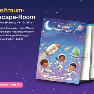May include: A printable space-themed escape room kit for children, featuring a cover page titled Mission Sternenstaub with illustrations of three astronauts, a rocket, and a green alien in a saucer against a starry purple background.