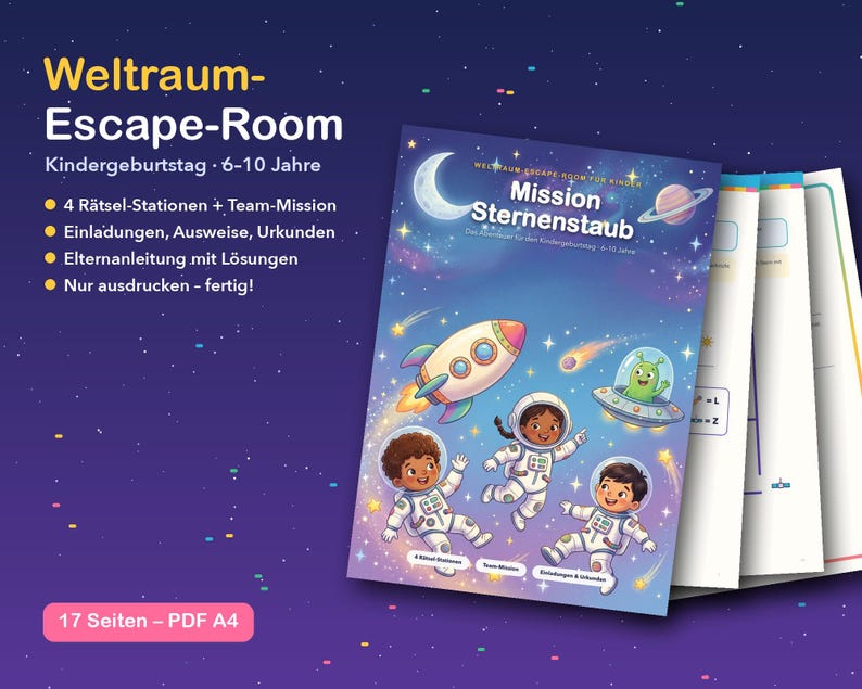 May include: A printable space-themed escape room kit for children, featuring a cover page titled Mission Sternenstaub with illustrations of three astronauts, a rocket, and a green alien in a saucer against a starry purple background.